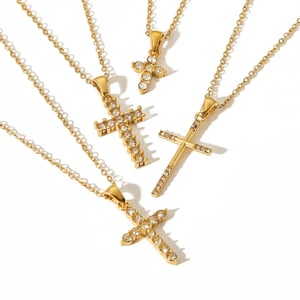 1 Piece Simple Style Cross Shape Stainless Steel  Gold Color Inlay Rhinestones Women's Pendant Necklaces For Daily Decor h5 